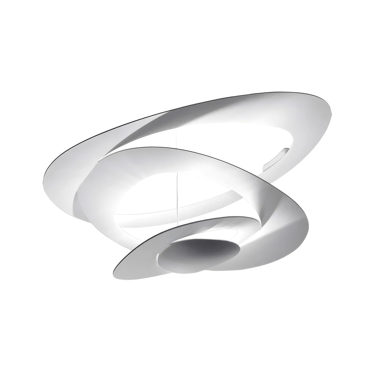 Artemide Pirce by Giuseppe Maurizio Scutellà. White sculptural fixture with curved, layered forms and glossy finish.