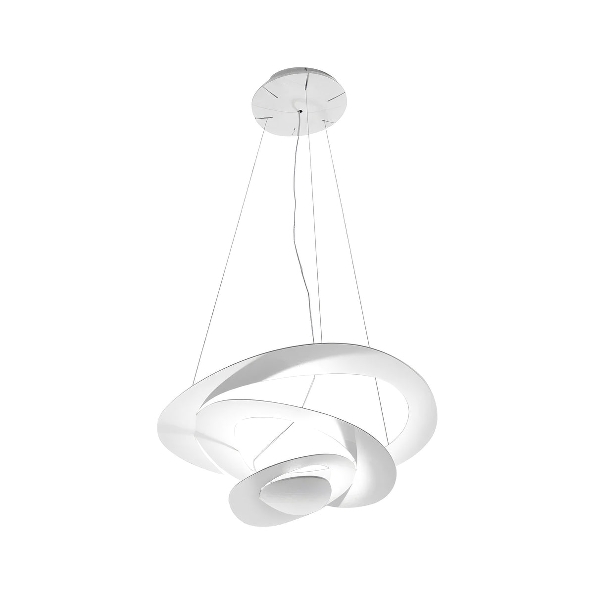 Artemide Pirce by Giuseppe Maurizio Scutellà. A modern white spiral pendant light hangs gracefully from ceiling wires.