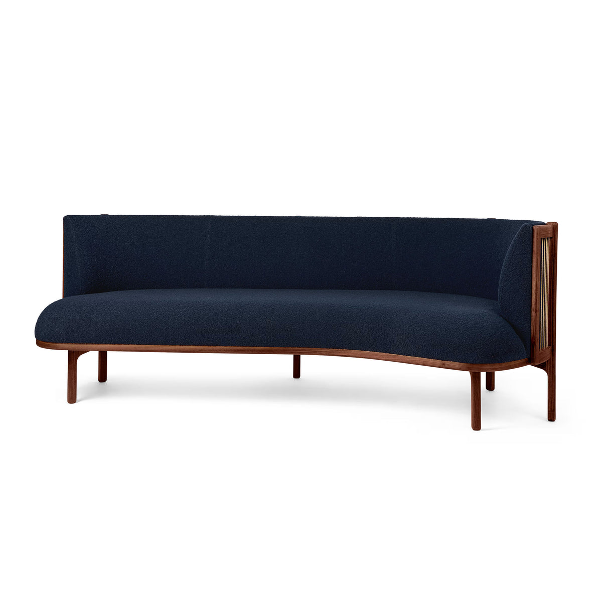 Carl Hansen & Søn RF1903R Sideways Sofa by Rikke Frost. Dark blue upholstered sofa with wooden frame and legs.
