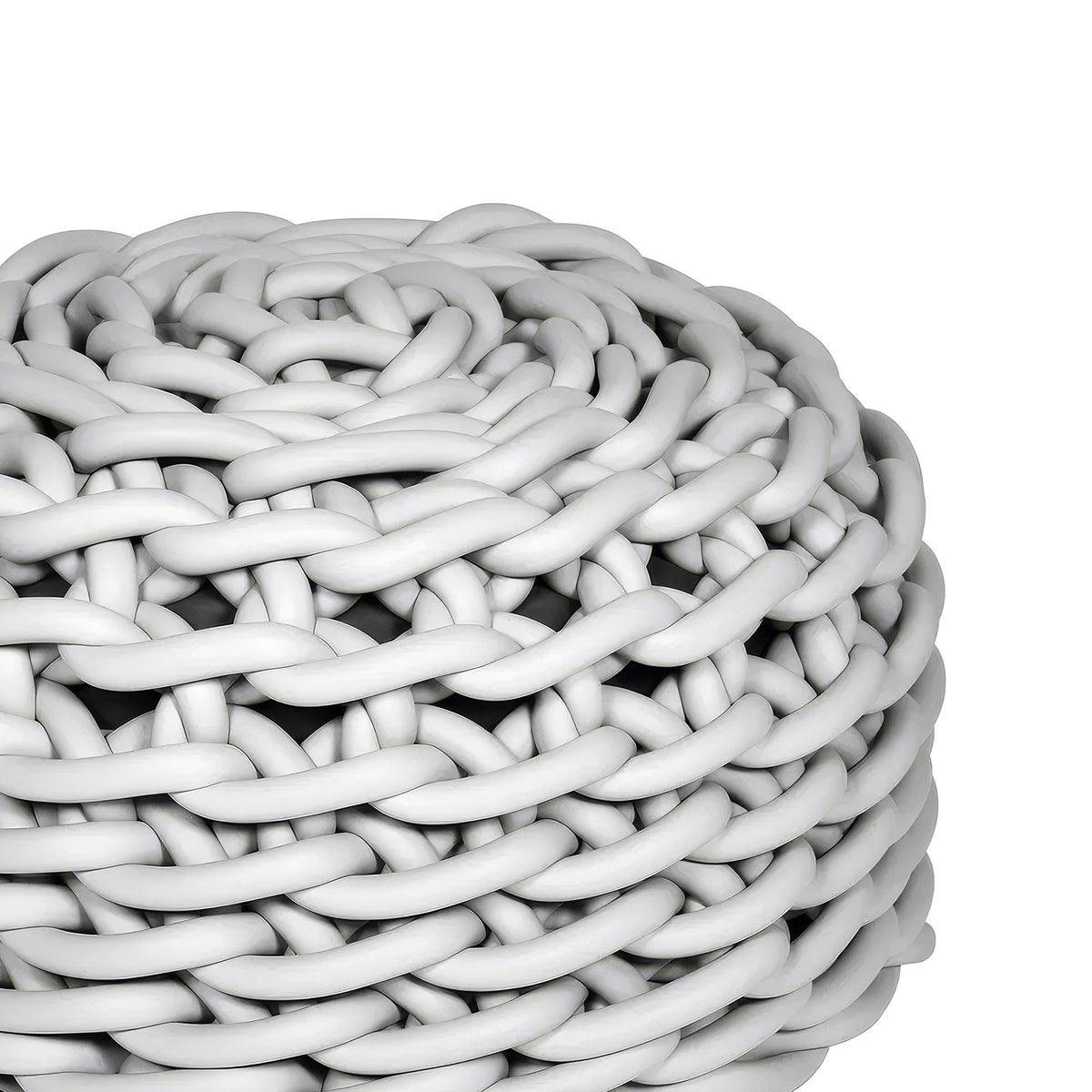 COVO Rebels 2 Pouf by Rosanna Contadini. White woven cylindrical tubes are tightly braided together in an intricate pattern.