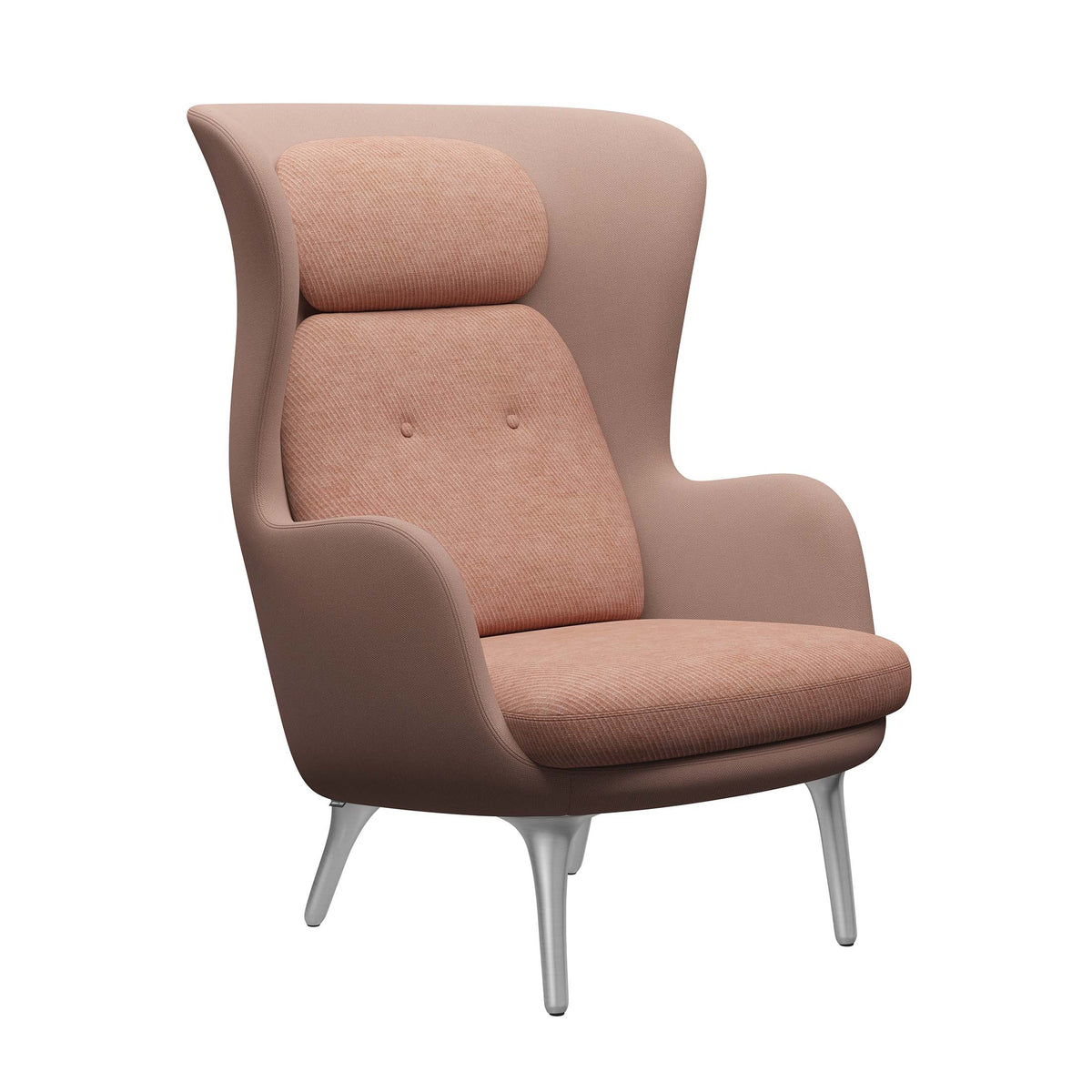 Fritz Hansen Ro™ JH1 Mixed Upholstery by Jaime Hayon. A blush pink upholstered wingback chair with metal legs.
