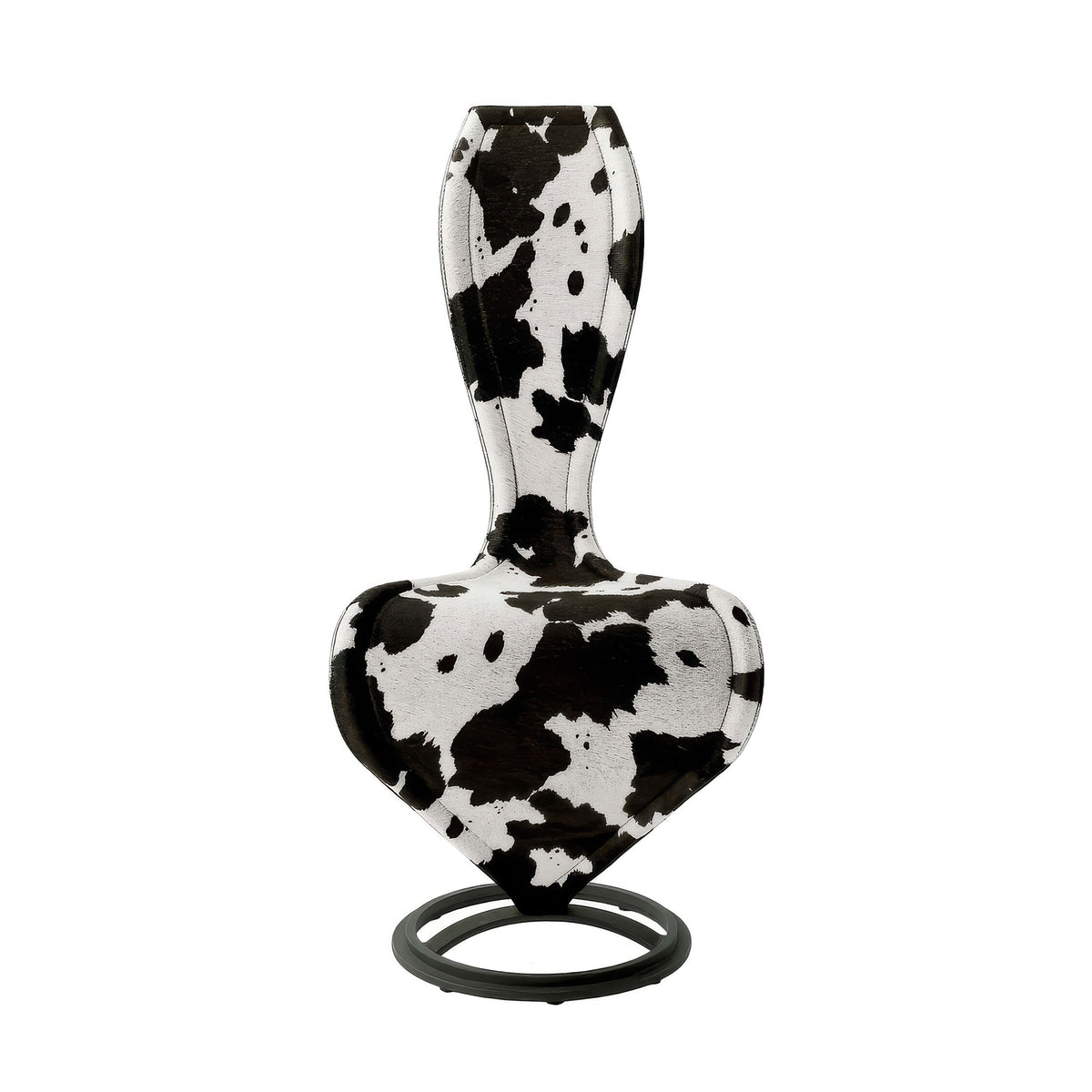 Cappellini S Chair by Tom Dixon. A black and white cow-print headphone with cushioned ear cups and a stabilizing base stand.