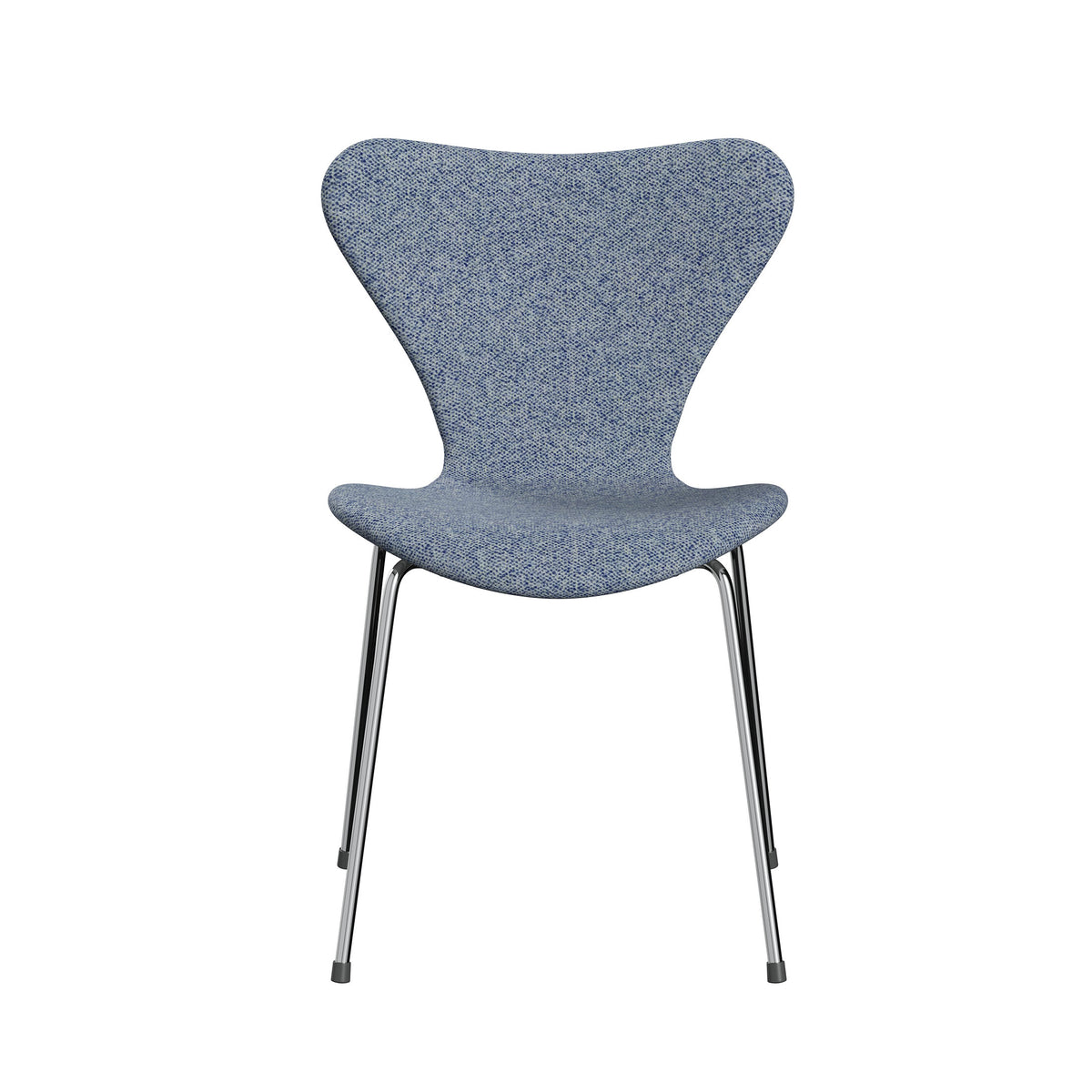 Fritz Hansen Series 7™ Chair 3107 by Arne Jacobsen. A blue-grey upholstered chair with sleek metal legs.