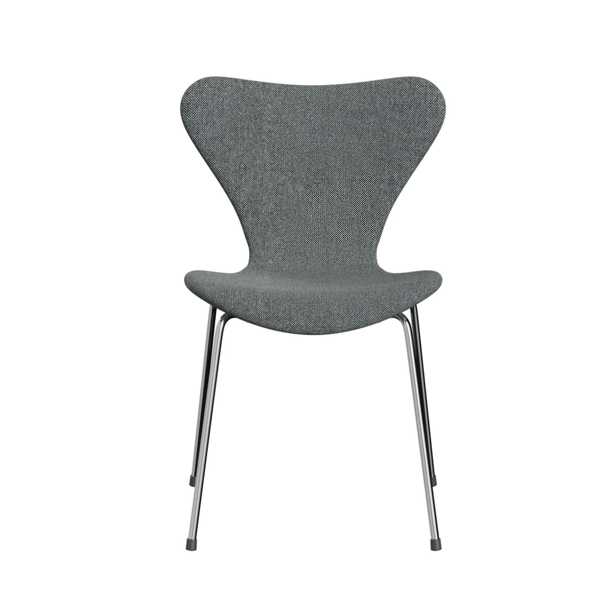 Fritz Hansen Series 7™ Chair 3107 by Arne Jacobsen. A gray upholstered chair with curved backrest and chrome metal legs.