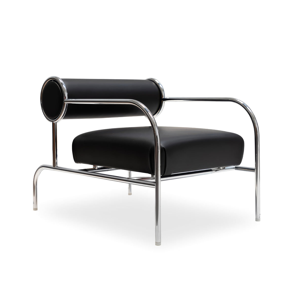 Cappellini Sofa with Arms by Shiro Kuramata. Black cushioned seat with polished chrome tubular frame structure.