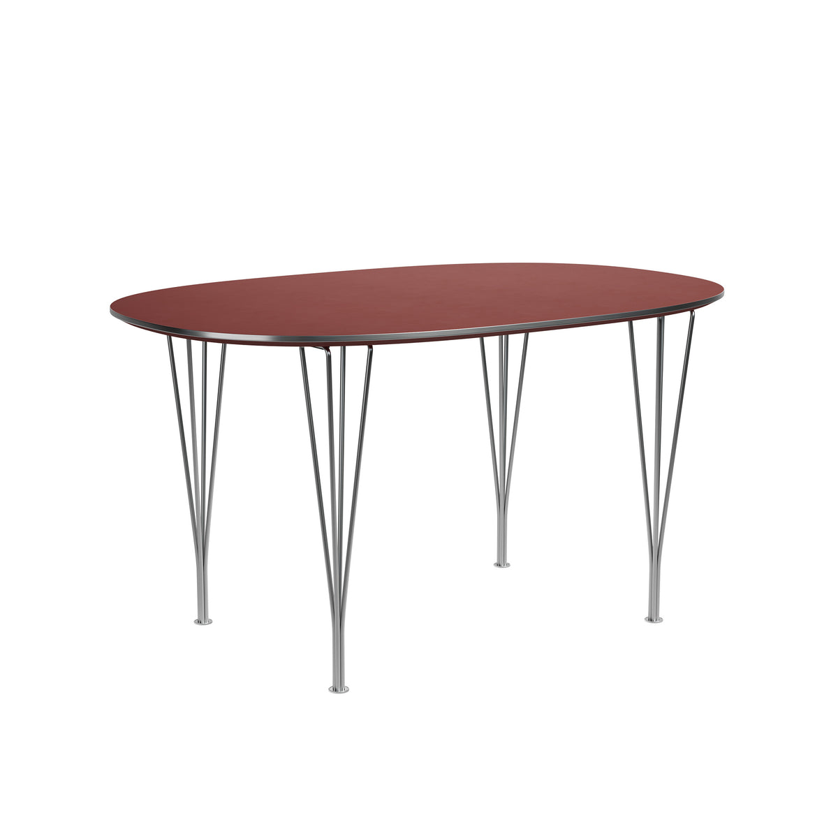 Fritz Hansen Superellipse™ B611 Table by Piet Hein. A burgundy oval tabletop sits atop slender metal legs.