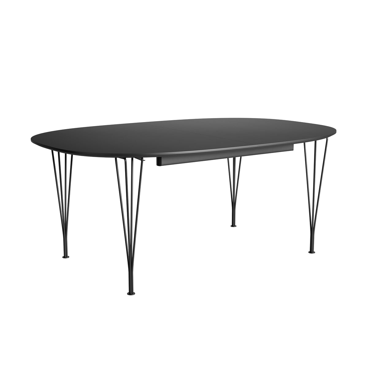 Fritz Hansen Superellipse™ B611 Table by Piet Hein. A black oval table with thin metal legs sits on a white background.