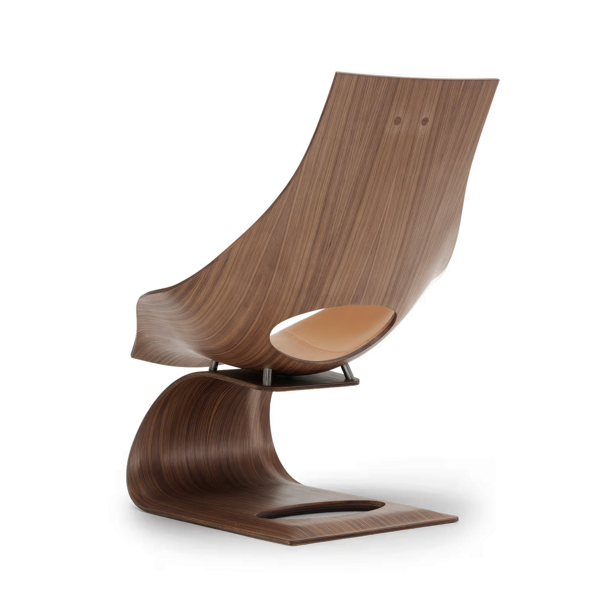 Carl Hansen & Søn TA001P Dream Chair by Tadao Ando. A curved wooden chair with a tan leather seat in a modern design.