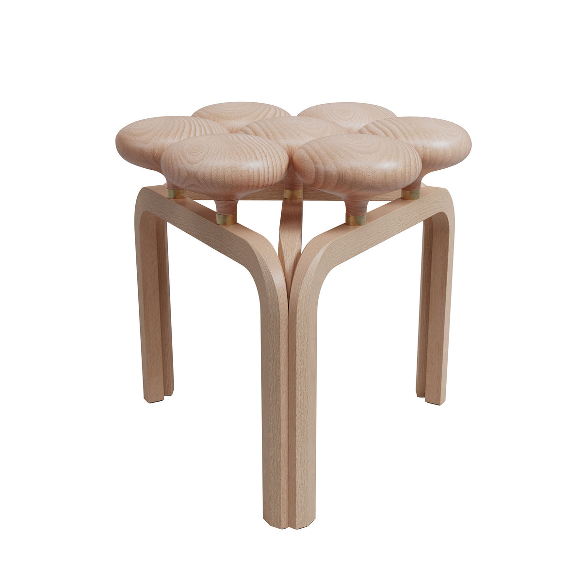 Fritz Hansen JU01™ Utzon Stool by Jørn Utzon. A light wood stool with rounded mushroom-shaped seats and curved legs.