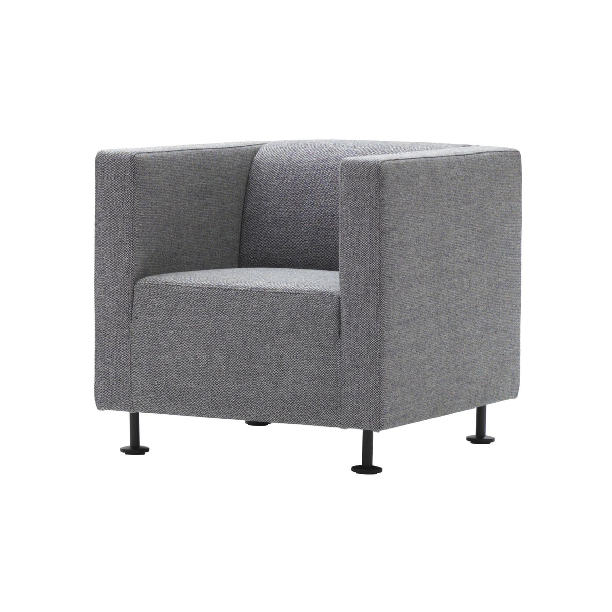 Cappellini Gambetta by Jasper Morrison. A gray upholstered armchair with black metal legs sits against a white background.