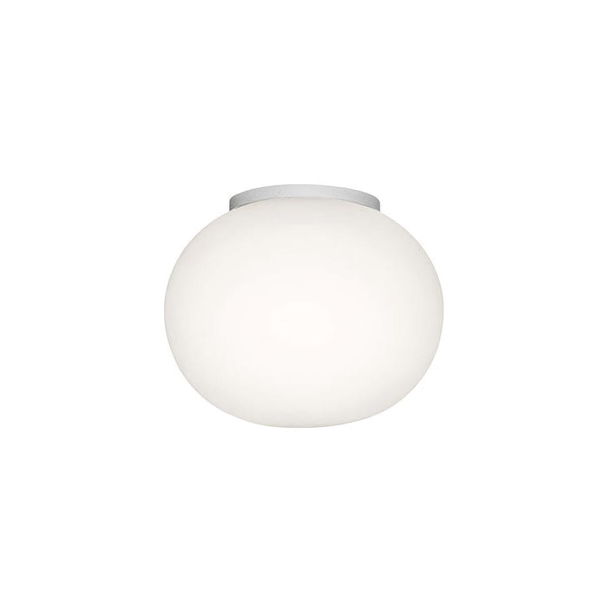 Flos Mini Glo-Ball Ceiling/Wall by Jasper Morrison. A spherical frosted white glass fixture mounted on a brushed metal base.