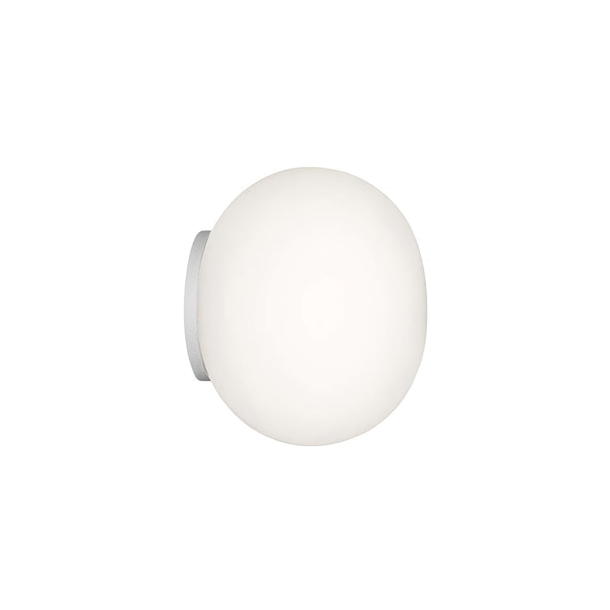Flos Mini Glo-Ball Ceiling/Wall by Jasper Morrison. A frosted white spherical light fixture with a metallic mounting bracket.