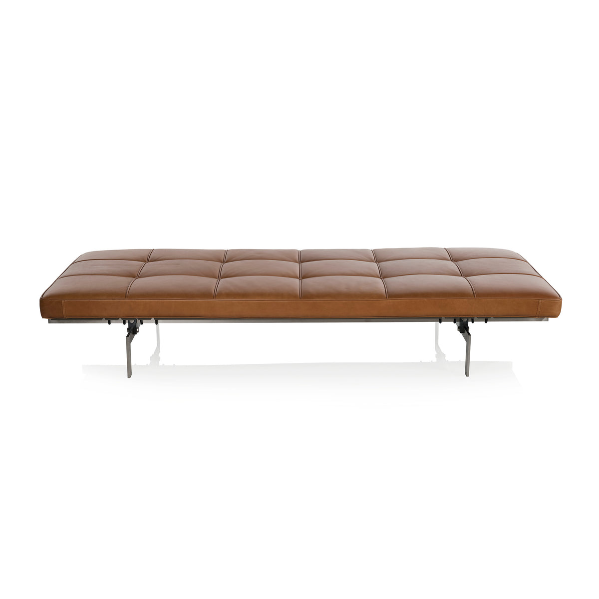 Fritz Hansen PK80™ Daybed by Poul Kjaerholm. Brown leather bench with tufted seat and metal legs.