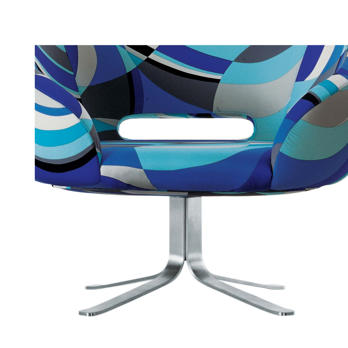 Cappellini Rive Droite by Patrick Norguet. Blue cushioned seat with abstract geometric patterns on metal legs.