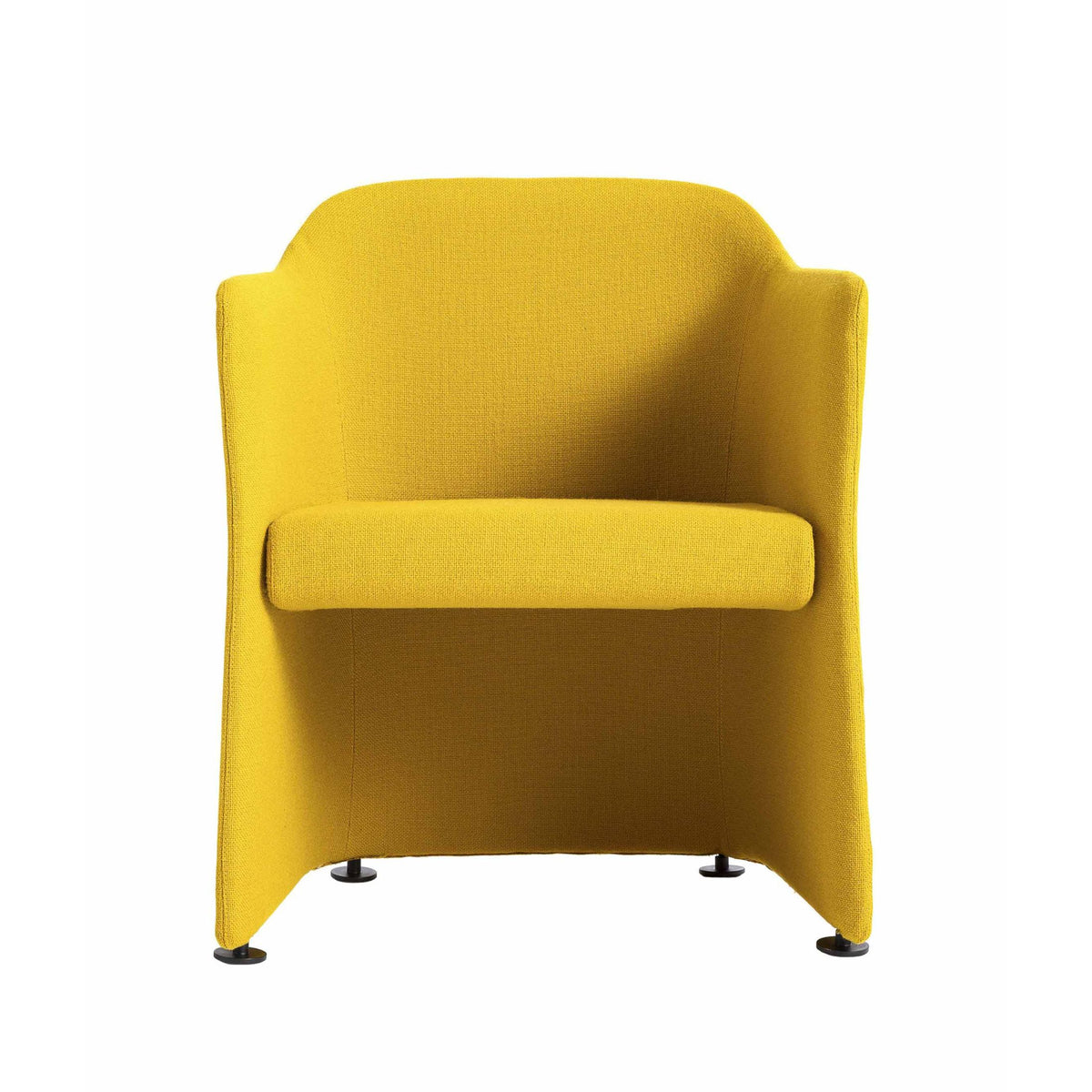 Cappellini San Siro by Jasper Morrison. A bright yellow upholstered armchair with curved sides and metal feet.