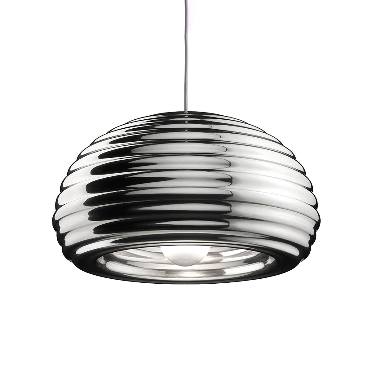 Flos Splügen Bräu by Achille Castiglioni. A sleek black and chrome pendant lamp with layered curved strips hangs elegantly.