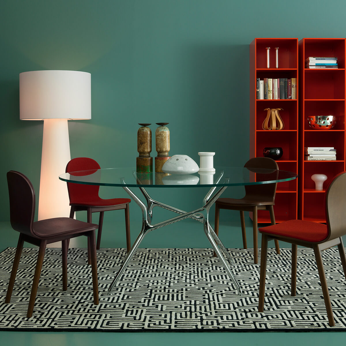 Glass / Polished Chrome / Mobile / WhiteMenu / Branch Dining Table, designed by Jakob Wagner made by Cappellini