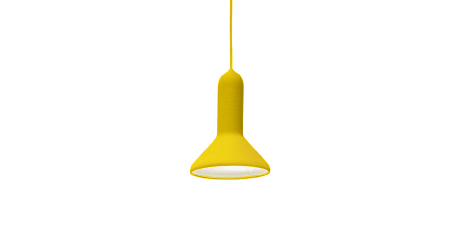 Established & Sons Torch Light Pendant Lamps. A bright yellow pendant lamp hangs against a white background.