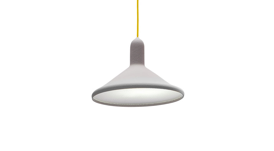 Established & Sons Torch Light Pendant Lamps. A gray pendant lamp with a wide diffuser hangs from a yellow cord.