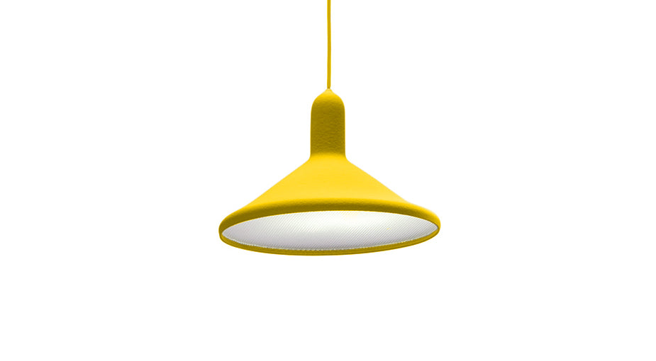 Established & Sons Torch Light Pendant Lamps. A bright yellow pendant lamp hangs against a white background.