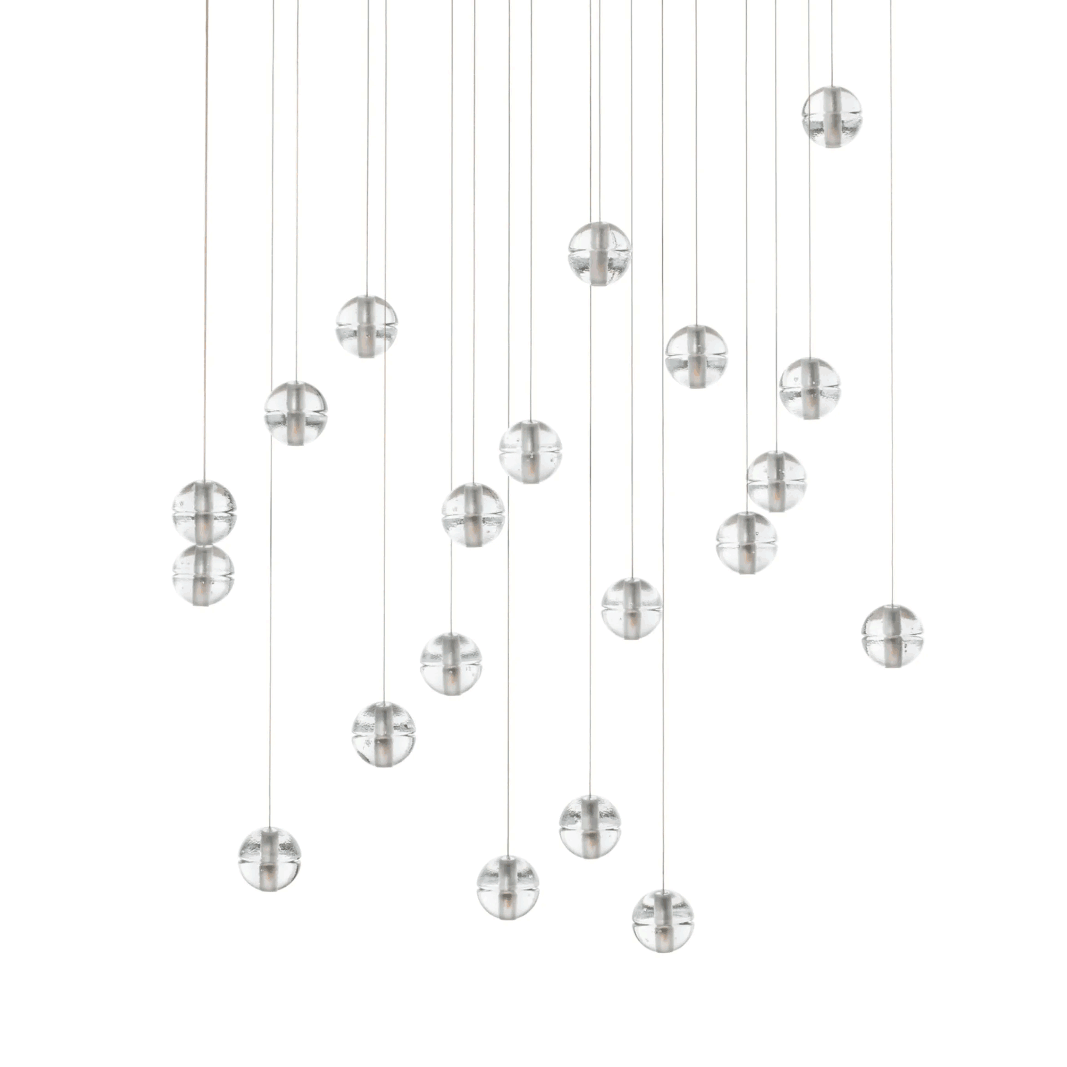 Bocci 14.20 Random by Omer Arbel. Multiple brushed silver spheres hang at varying heights from thin wires.