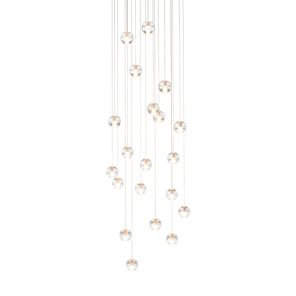 Bocci 14.20 Random by Omer Arbel. Multiple glass spheres with copper accents hang from thin wires in a cascading arrangement.