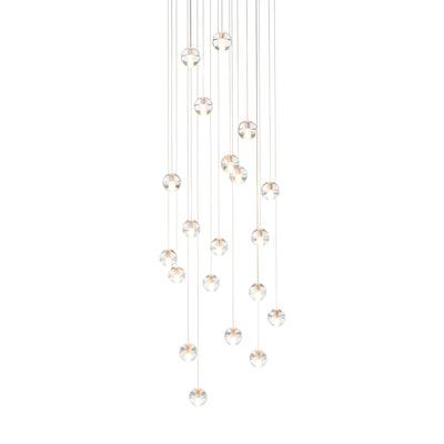 Bocci 14.20 Random by Omer Arbel. Multiple glass spheres with copper accents hang from thin wires in a cascading arrangement.