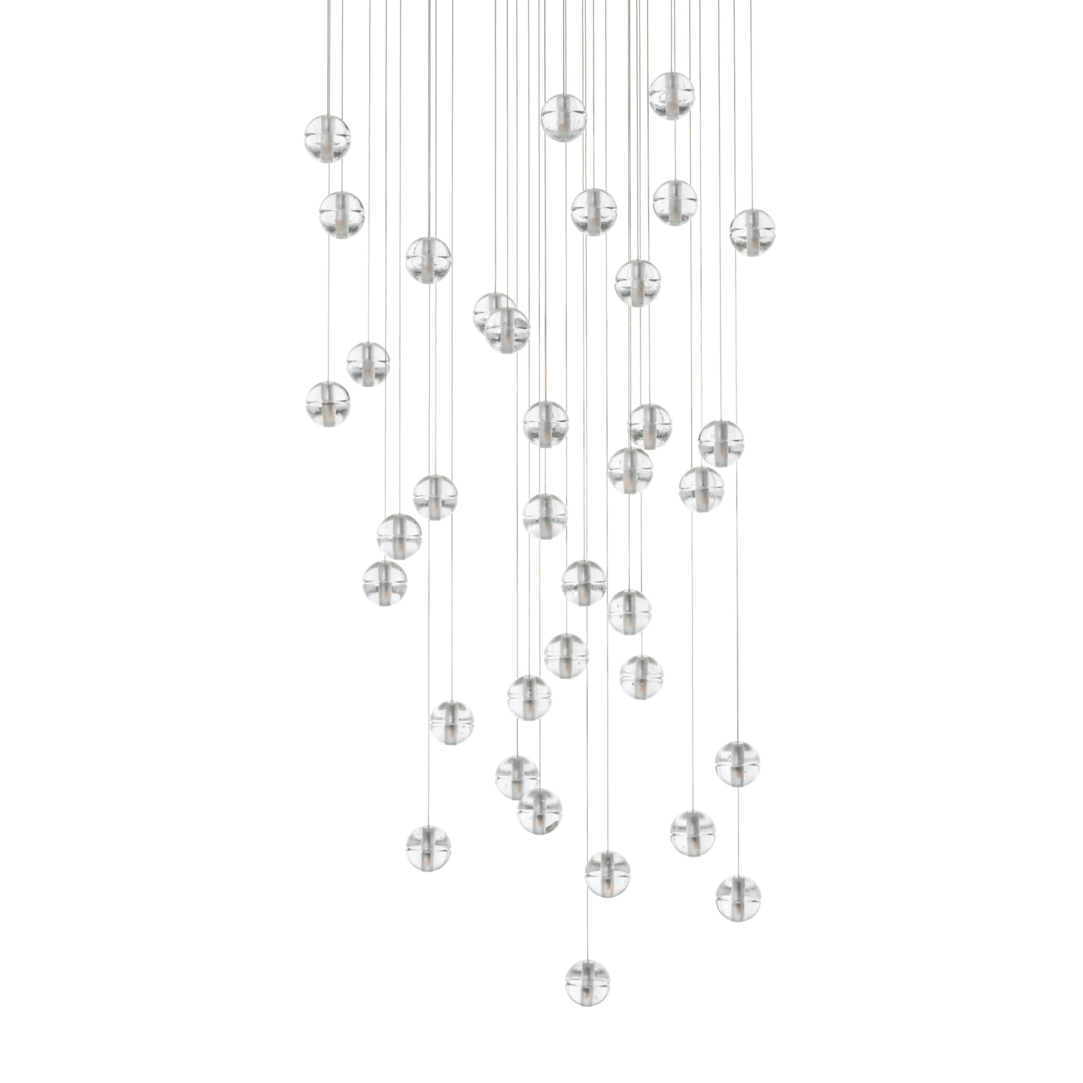 Bocci 14.36 Random by Omer Arbel. Multiple brushed metal spheres hang from thin wires in a cascading arrangement.