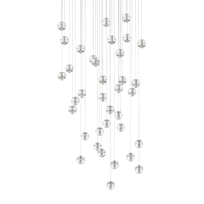 Bocci 14.36 Random by Omer Arbel. Multiple brushed metal spheres hang from thin wires in a cascading arrangement.