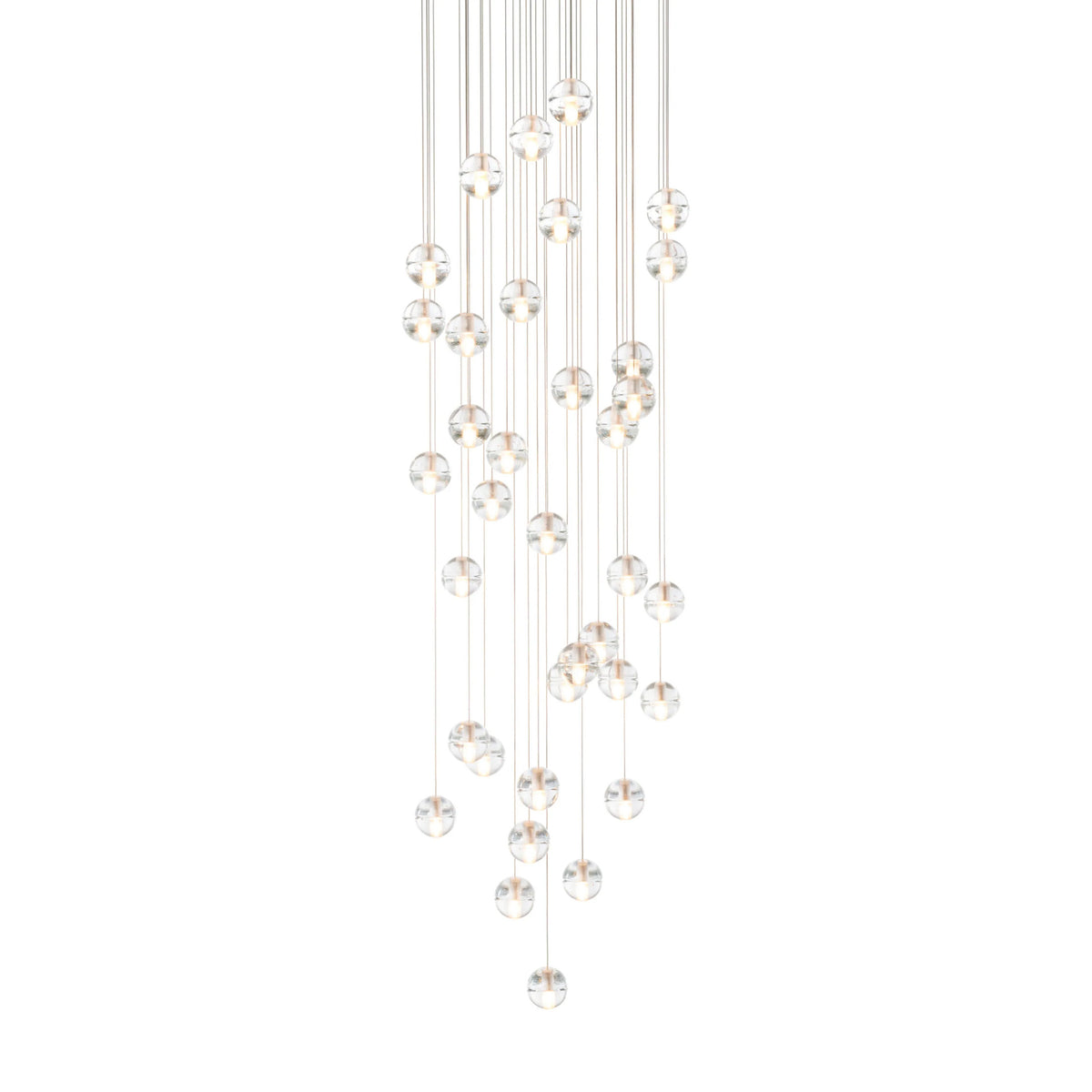 Bocci 14.36 Random by Omer Arbel. Multiple glass spheres hang from thin wires in a cascading chandelier arrangement.