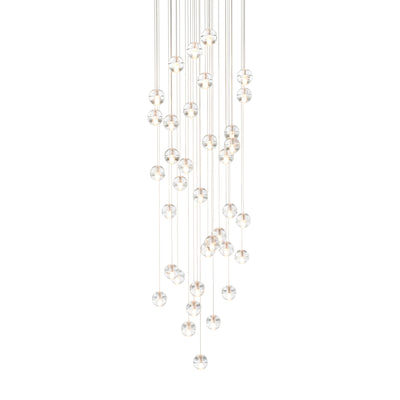 Bocci 14.36 Random by Omer Arbel. Multiple glass spheres hang from thin wires in a cascading chandelier arrangement.