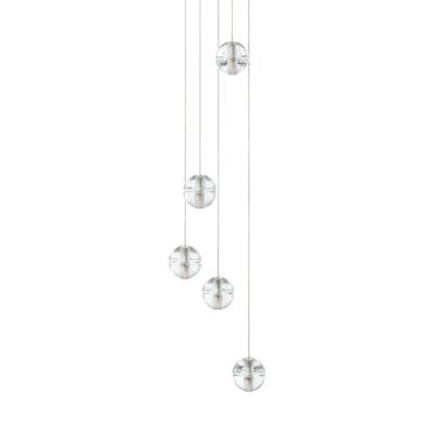Bocci 14.5 Random by Omer Arbel. Five clear glass spheres hang from thin wires in a minimalist arrangement.