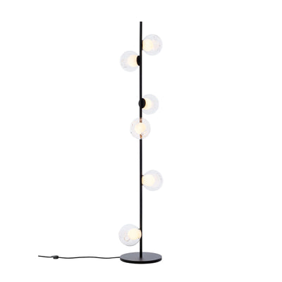 Bocci 28.6 Stem Floor by Omer Arbel. A tall black pole holds six frosted glass spheres that emit warm light.