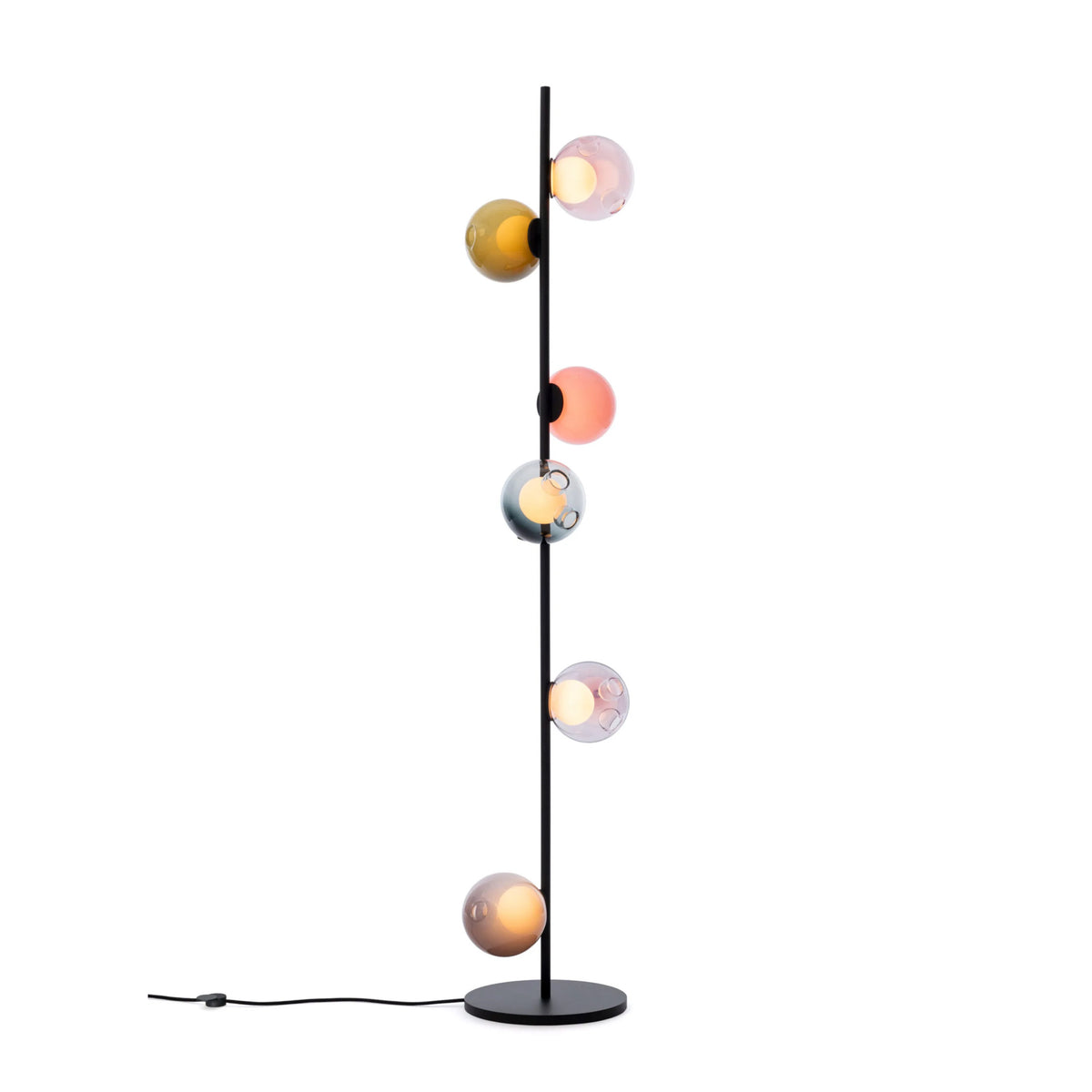 Bocci 28.6 Stem Floor by Omer Arbel. A black pole floor lamp with six colored glass spheres in warm and cool tones.