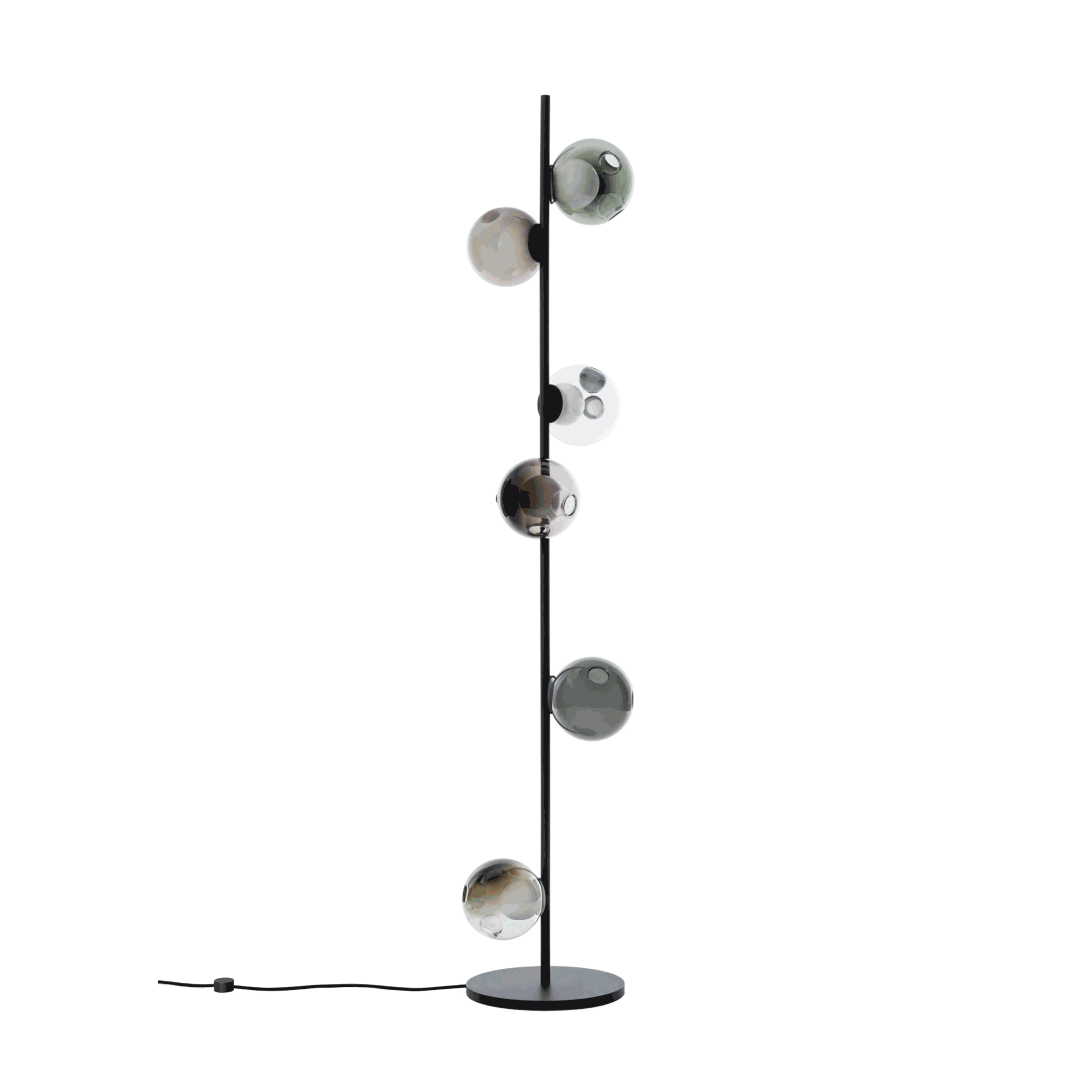 Bocci 28.6 Stem Floor by Omer Arbel. A tall black metal pole holds six translucent glass spheres at varying heights.