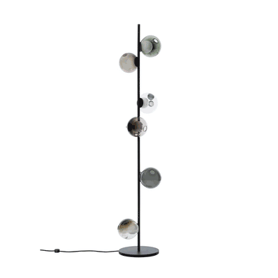 Bocci 28.6 Stem Floor by Omer Arbel. A tall black metal pole holds six translucent glass spheres at varying heights.