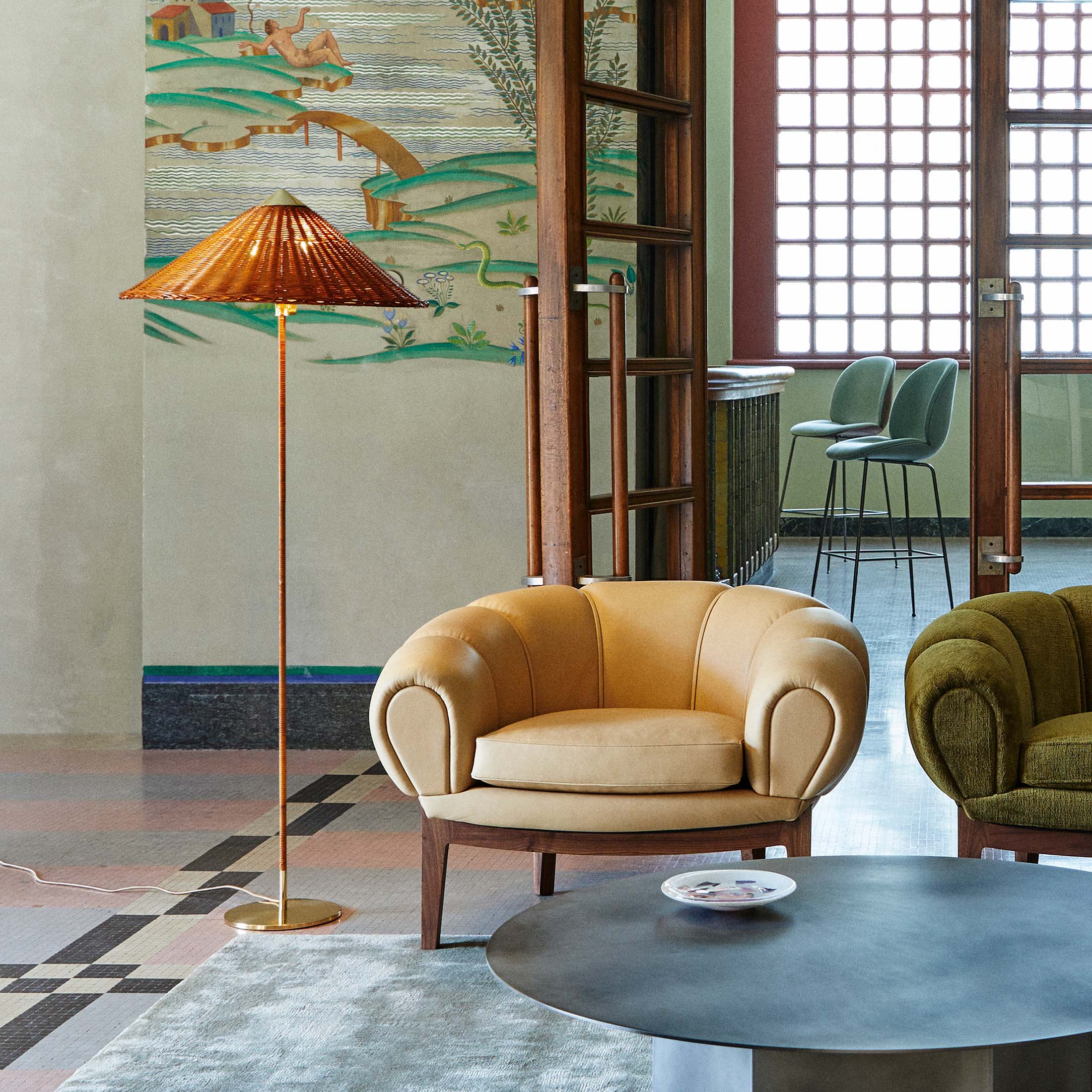 Wicker Willow / Mobile / 9602 Floor Lamp, designed by Paavo Tynell and made by Gubi