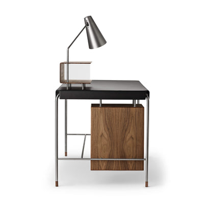 Carl Hansen & Søn AJ52 Society Table by Arne Jacobsen. A modern desk combines black metal top with walnut wood storage.