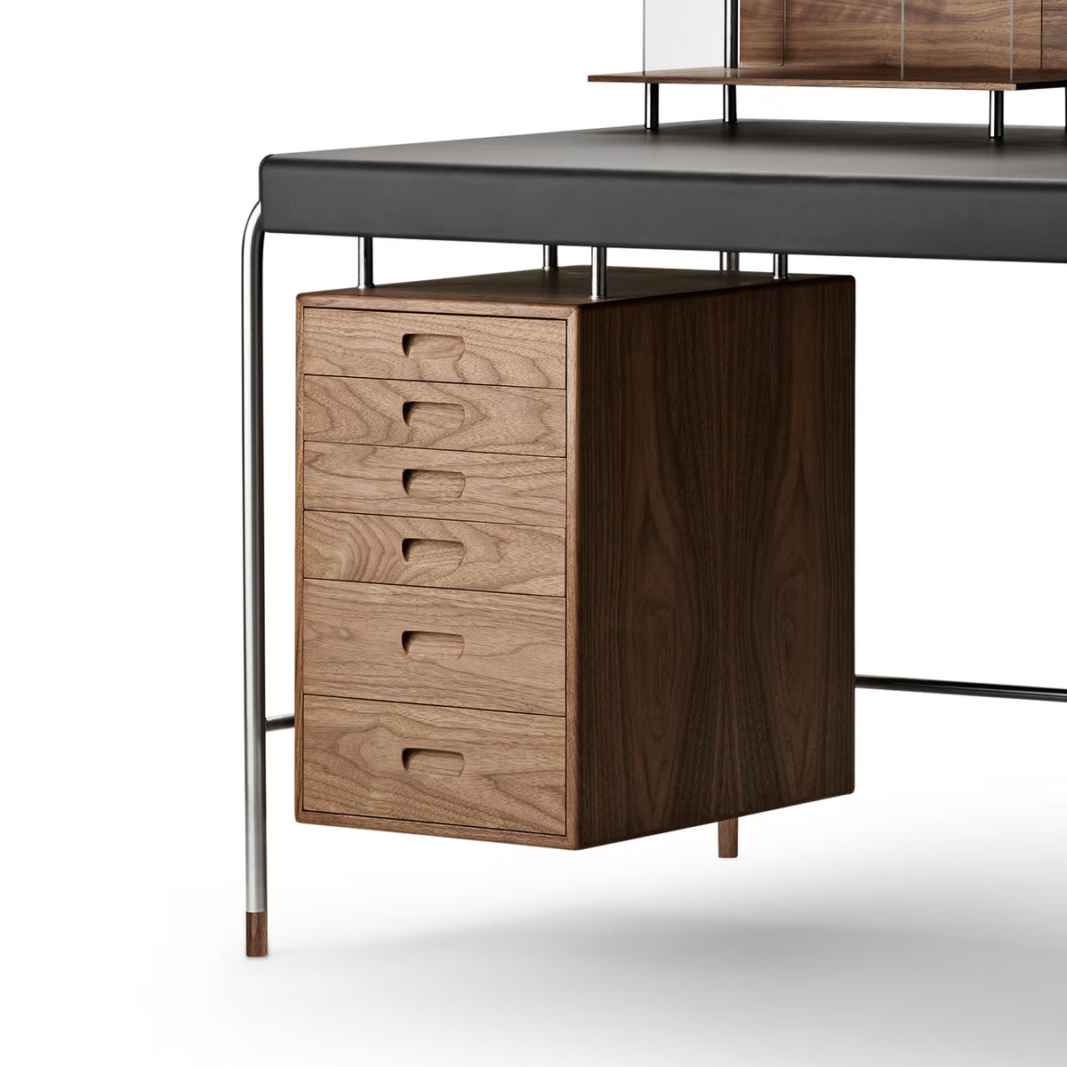 Carl Hansen & Søn AJ52 Society Table by Arne Jacobsen. Wooden drawer unit with metal frame beneath gray desk.