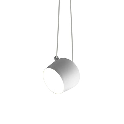 Flos Aim Suspension Lamps by Erwan & Ronan Bouroullec. A gray and white cylindrical pendant hangs from twin cords.