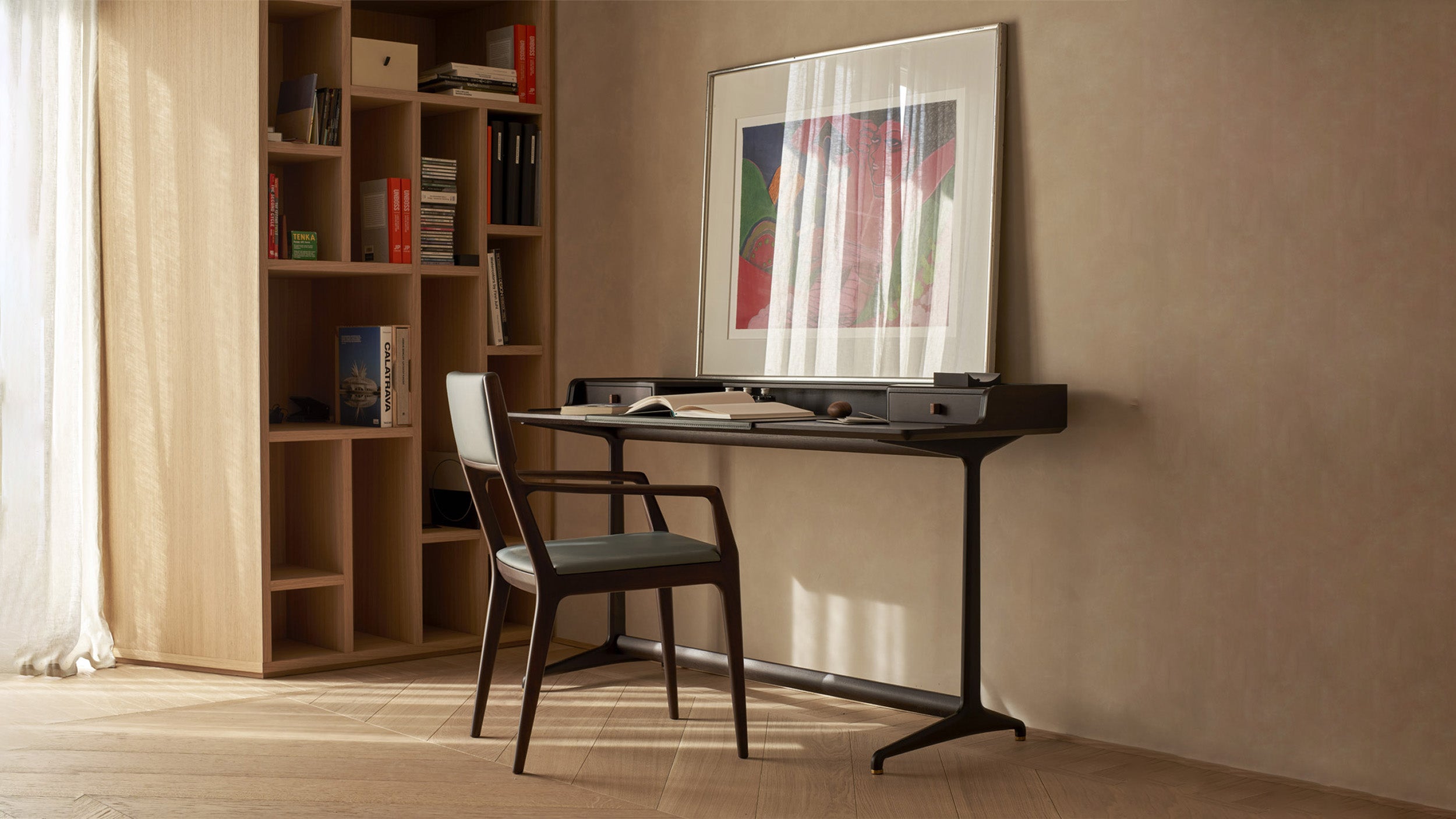 Steel Blue SC254 Leather / Desktop / Ala dining chair with Arms, designed by Giuseppe Casarosa for Ceccotti Collezioni