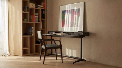 Steel Blue SC254 Leather / Desktop / Ala dining chair with Arms, designed by Giuseppe Casarosa for Ceccotti Collezioni