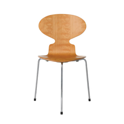 Fritz Hansen Ant™ Chair, 3 Legs - 3100 by Arne Jacobsen. A wooden chair with a curved back sits on sleek metal legs.