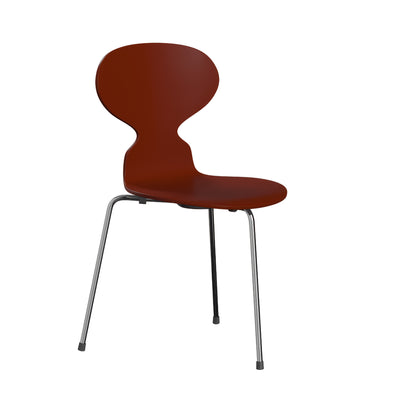 Fritz Hansen Ant™ Chair, 3 Legs - 3100 by Arne Jacobsen. A burgundy modern chair with a curved seat and chrome metal legs.