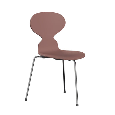 Fritz Hansen Ant™ Chair, 3 Legs - 3100 by Arne Jacobsen. A mauve chair with a curved seat and chrome metal legs.