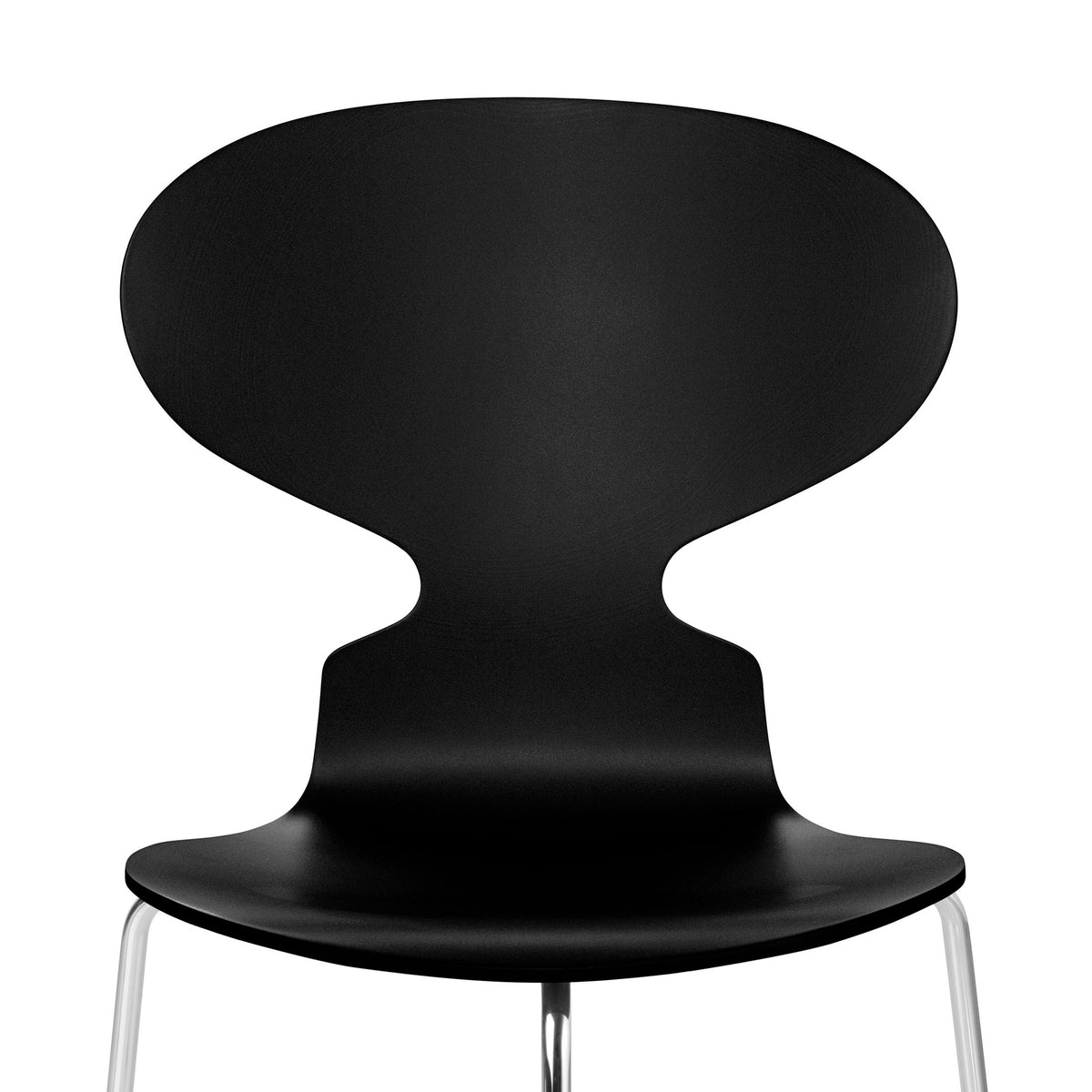 Fritz Hansen Ant™ Chair, 3 Legs - 3100 by Arne Jacobsen. A sleek black chair with a curved wooden seat and silver metal legs.