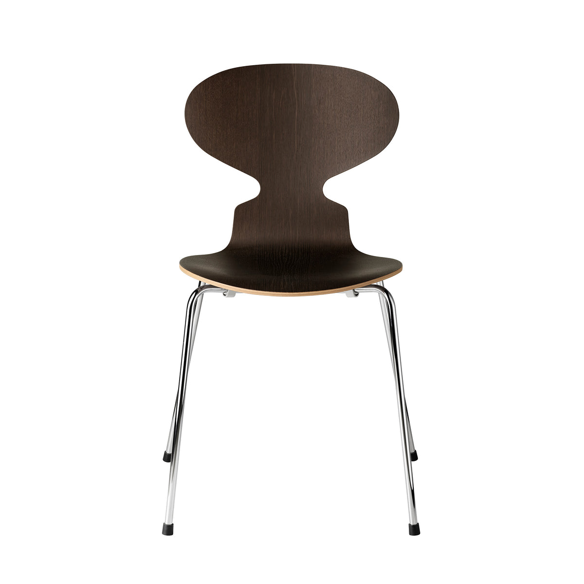 Fritz Hansen Ant™ Chair, 4 Legs - 3101 by Arne Jacobsen. Dark wood chair with chrome metal legs on white.