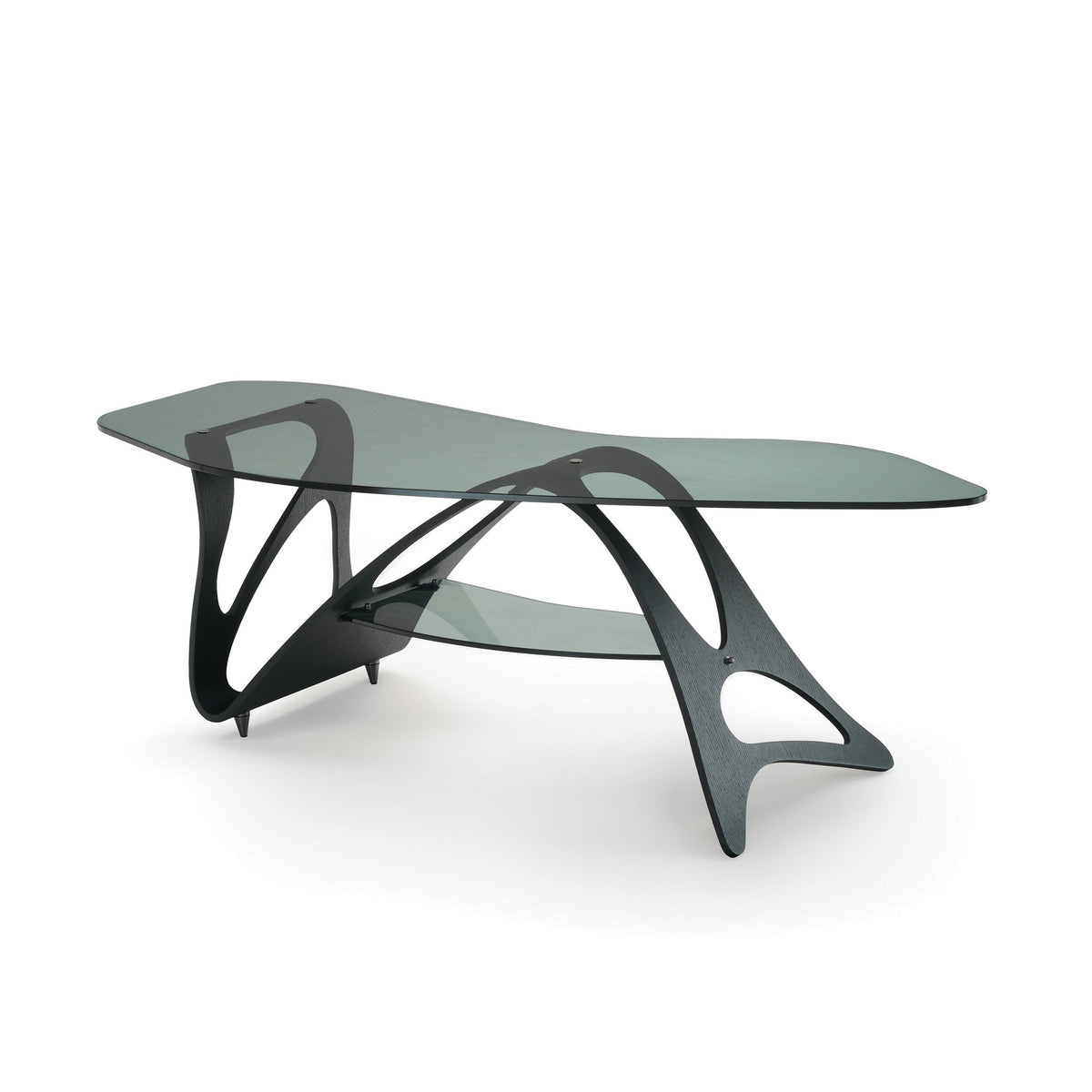 Zanotta Arabesco CM by Carlo Mollino. A sculptural black wood base supports two curved glass shelves in a modern design.