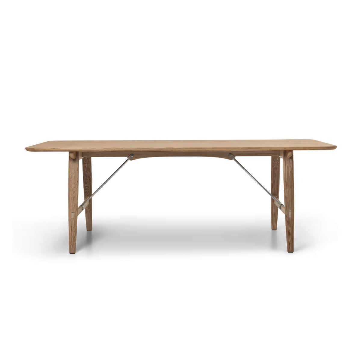 Carl Hansen & Søn BM1160 Hunting Table by Børge Mogensen. A light wood table with metal braces and tapered legs.