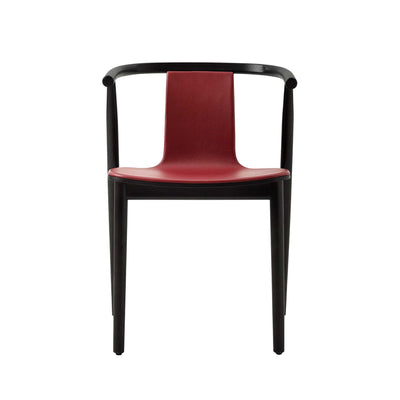Cappellini Bac Chair by Jasper Morrison. A modern chair with a black wooden frame and burgundy leather seat.